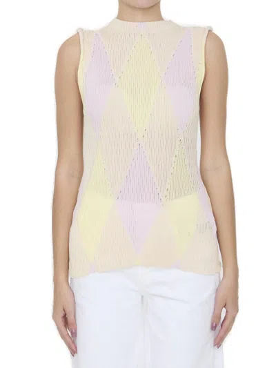 Shop Burberry Argyle Intarsia-knit Crewneck Sleeveess Top In Yellow/pink