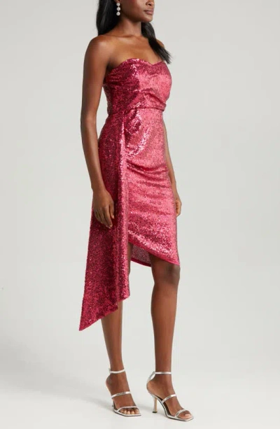 Shop Jewel Badgley Mischka Sequin Asymmetric Hem Strapless Minidress In Magenta