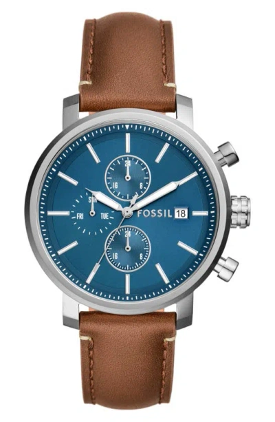 Shop Fossil Rhett Leather Strap Watch, 42mm In Silver/ Brown/ Blue