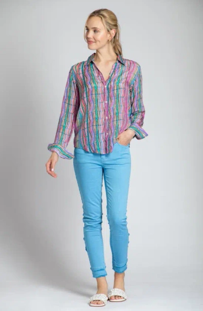 Shop Apny Print Roll-up Sleeve Chiffon Button-up Shirt In Pink Multi