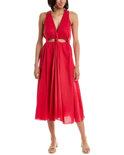 Shop Farm Rio Cutout Linen-blend Midi Dress In Red