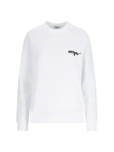 Shop Msgm Logo Crew Neck Sweatshirt In White