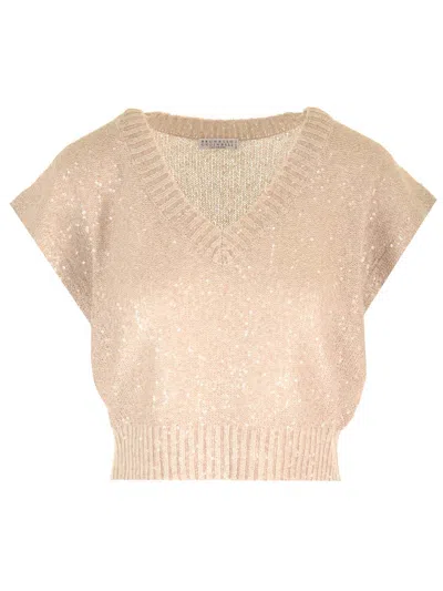 Shop Brunello Cucinelli Knitted Vest With Sequins In Beige