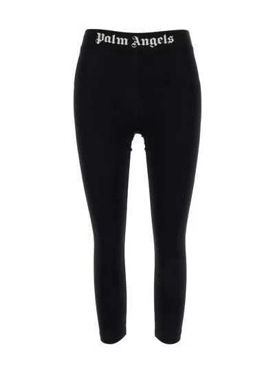 Shop Palm Angels Black Cropped Leggings With Logo Waistband In Technical Fabric Woman