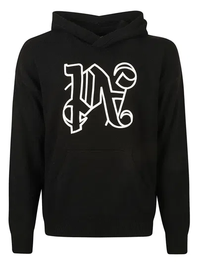 Shop Palm Angels Monogram Knitted Hoodie In Black/off White