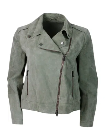 Shop Brunello Cucinelli Biker Jacket In Precious And Soft Suede With Rows Of Brilliant Monili Behind The  In Green