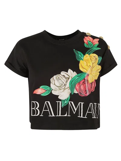 Shop Balmain Rose Logo Cropped T-shirt In Multicolor