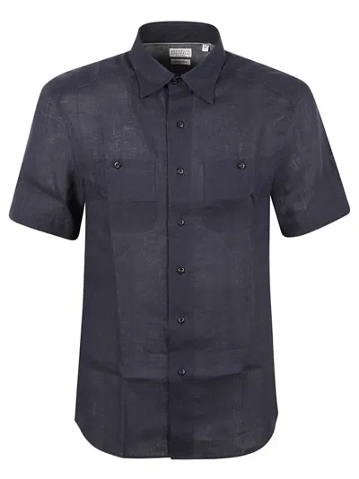 Shop Brunello Cucinelli Round Hem Patched Pocket Plain Shirt In Navy