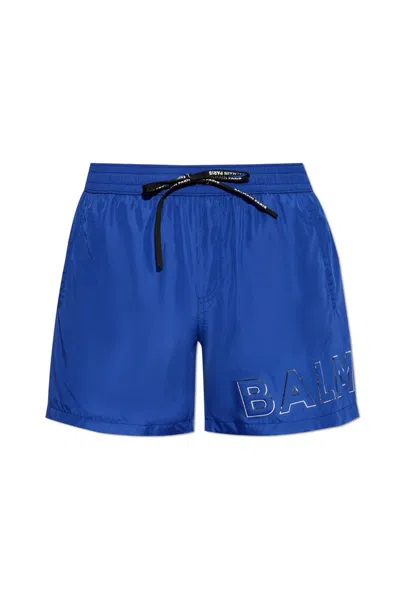 Shop Balmain Logo Embellished Swim Shorts In Blue