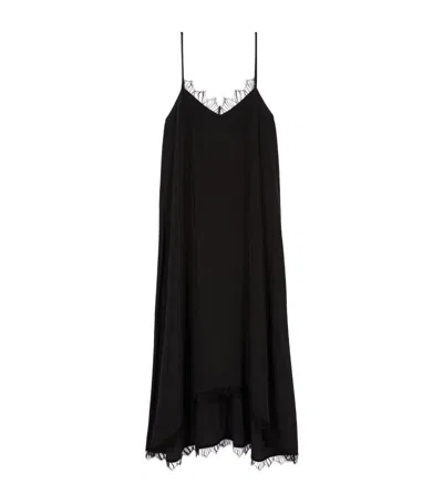 Shop The Kooples Silk Lace-trim Midi Dress In Black