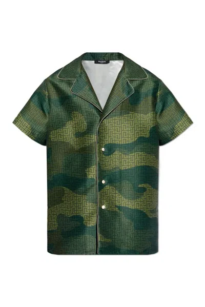 Shop Balmain Camouflage Monogrammed Shantung Short In Green