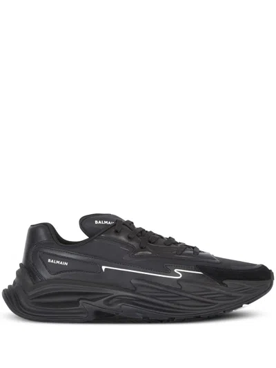 Balmain Black Run-row Leather Sneakers In Black  