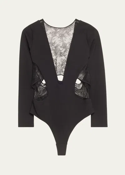 Shop Livy Crosby Cutout Lace-inset Jersey Bodysuit In Black