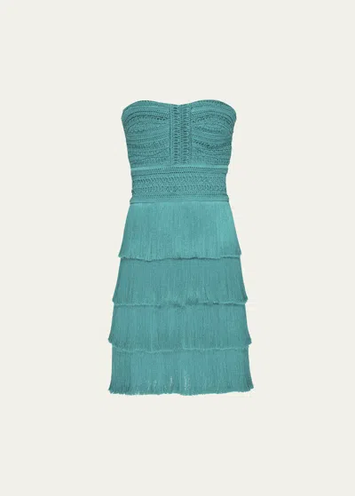 Shop Patbo Jacquard Fitted Strapless Crochet Fringe Mini Dress In Emerald
