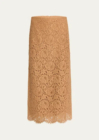 Shop Michael Kors Scalloped Lace Side Slit Midi Skirt In Suntan