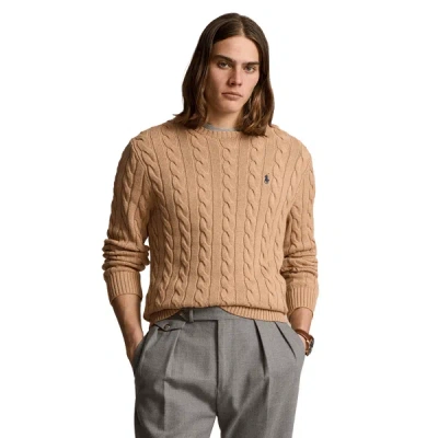 Polo Ralph Lauren Beige Cable Knit Crewneck Sweater With Pony Embroidery On The Front In Wool And Cashmere Man In Nude