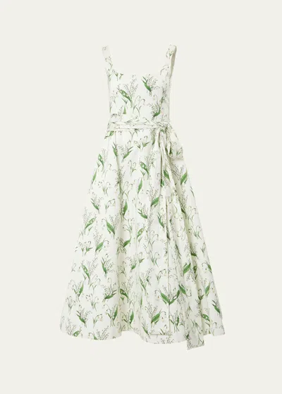 Shop Carolina Herrera Floral Print Midi Dress With Sash Belt In White Multi