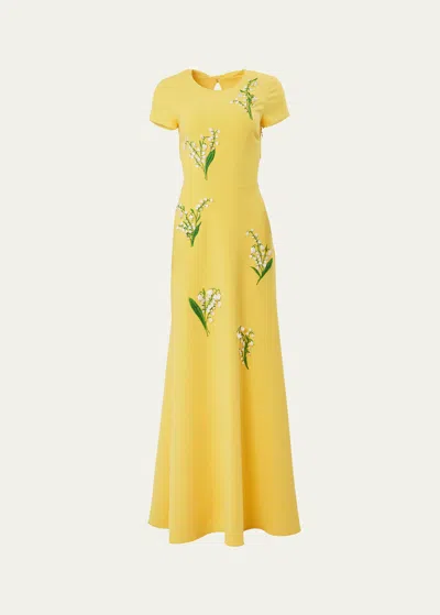 Shop Carolina Herrera Floral Embroidered Gown With Back Bows In Sunshine Yellow M