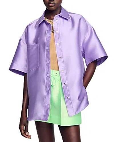 Shop Sandro June Satin Oversized Shirt In Purple