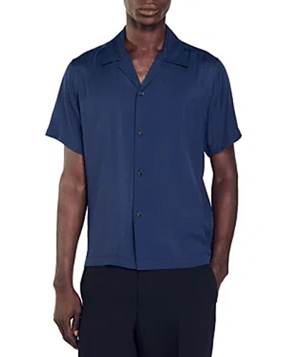 Shop Sandro Requin Short Sleeve Button Front Camp Shirt In Navy Blue