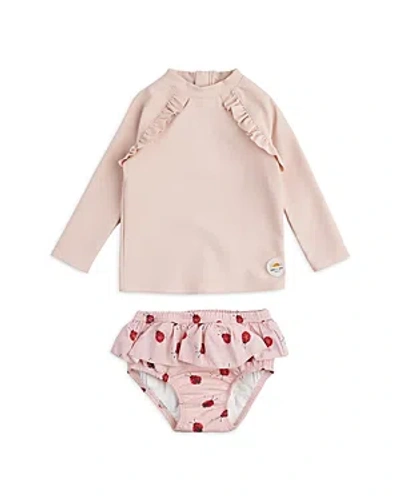 Shop Firsts By Petit Lem Girls' Ribbed Rose Rash Guard Top & Lady Bug Swim Diaper Set - Baby In Pink