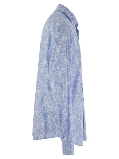 Fedeli Printed Stretch Cotton Voile Shirt In Light Blue