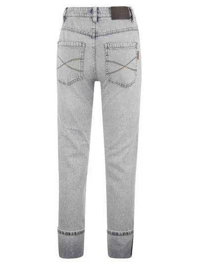 Shop Brunello Cucinelli Soft Denim Straight Trousers With Shiny Details In Light Denim