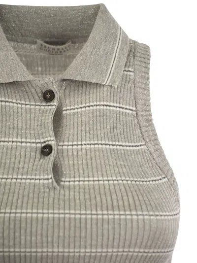 Shop Brunello Cucinelli Sleeveless Ribbed Polo Shirt In Grey