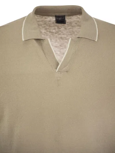 Shop Fedeli Polo Shirt With Open Collar In Linen And Cotton In Beige