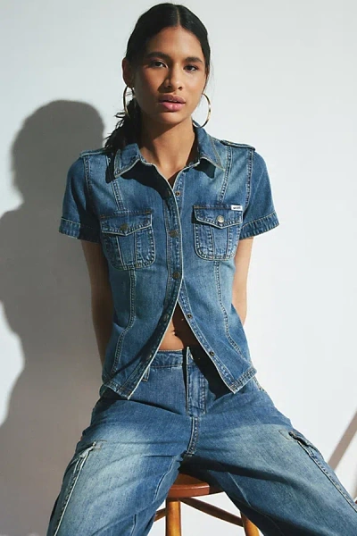 Shop Guess Originals Cargo Denim Shirt Top In Tinted Denim, Women's At Urban Outfitters