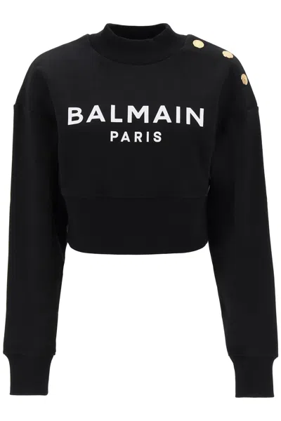 Shop Balmain Cropped Sweatshirt With Logo Print And Buttons In Black