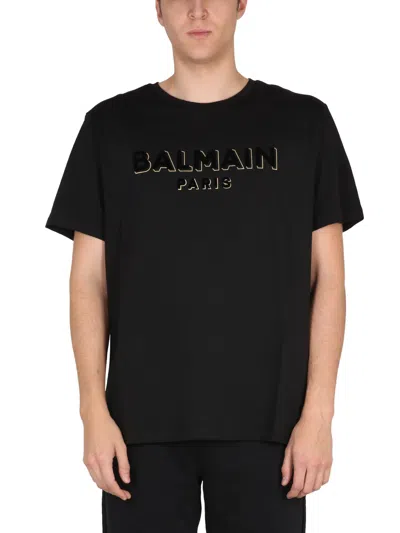 Shop Balmain Cotton T-shirt With Flocked Logo In Black