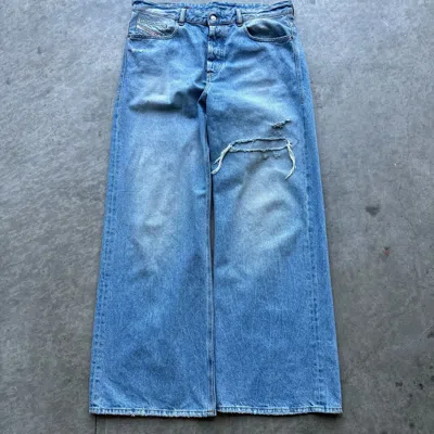 Pre-owned Diesel D-rise Super Baggy Distressed Wide Leg Jeans In Blue