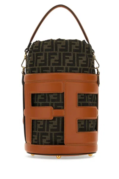 Shop Fendi Embroidered Leather And Jacquard Step Out Bucket Bag In Len Brandy Tobacco Moro