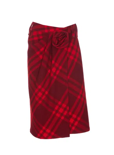 Shop Burberry Check Wool Skirt In Red