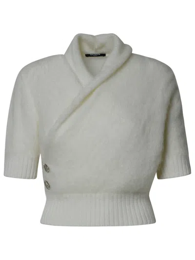 Shop Balmain Virgin Wool Blend Sweater In White