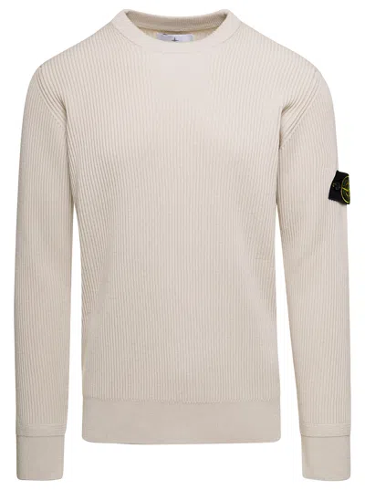 Shop Stone Island Ribbed Sleeve Logo Sweater In White