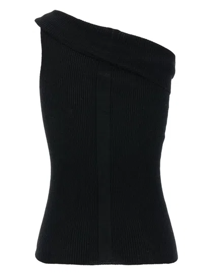 Shop Rick Owens 'athena' Black Ribbed One-shoulder Top In Wool Woman