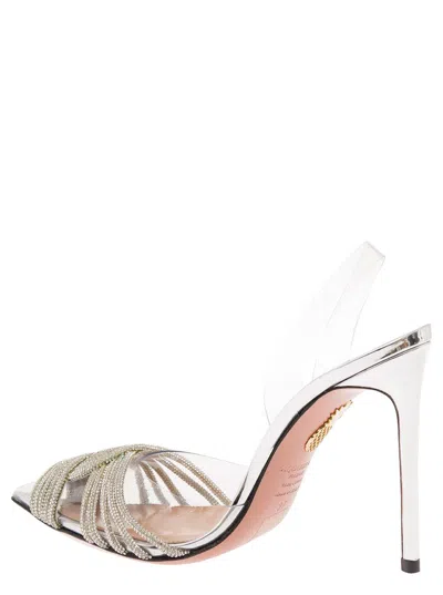 Shop Aquazzura 'gatsby Sling' Silver Pumps With Crystals Knot Detail In Clear Pvc Woman In Grey