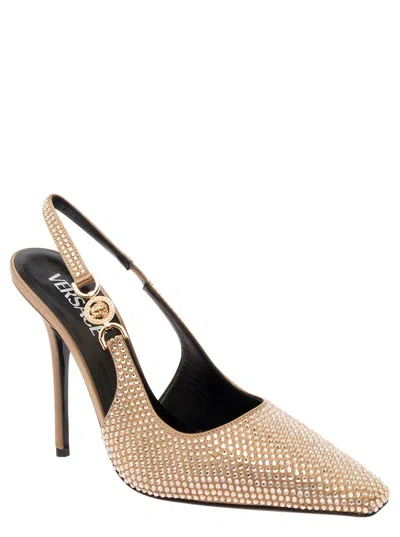 Shop Versace 'medusa '95' Gold-colored Slingback Pumps With All-over Crystals In Satin Woman In Grey