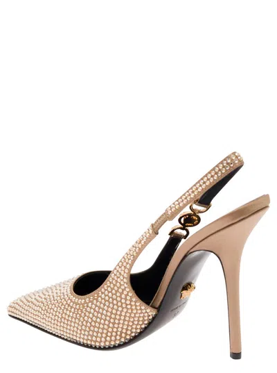Shop Versace 'medusa '95' Gold-colored Slingback Pumps With All-over Crystals In Satin Woman In Grey