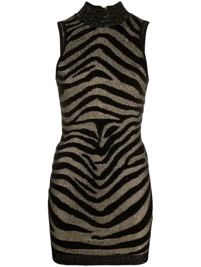 Shop Balmain Sleeveless Zebra Print Knit Short Dress In Black
