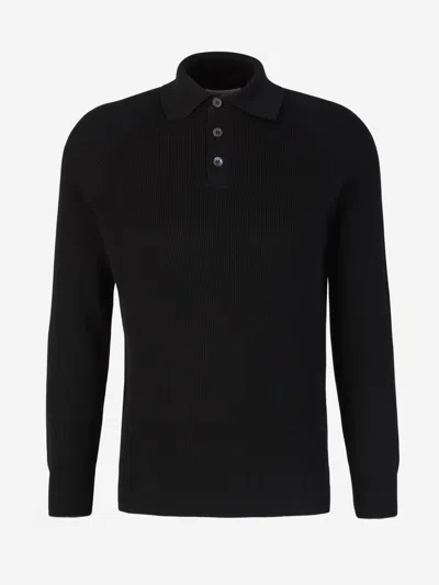 Shop Brunello Cucinelli Ribbed Knit Cotton Polo In Black