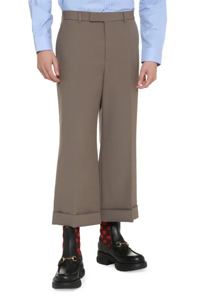 Shop Gucci Wool Gabardine Trousers In Taupe