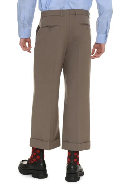 Shop Gucci Wool Gabardine Trousers In Taupe