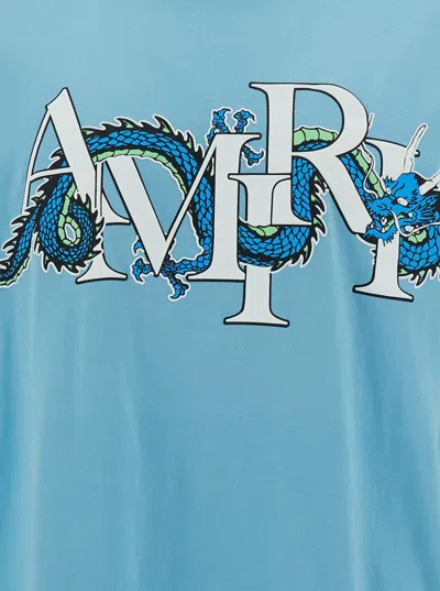 Shop Amiri Light Blue T-shirt With Dragon Logo Print In Cotton Man