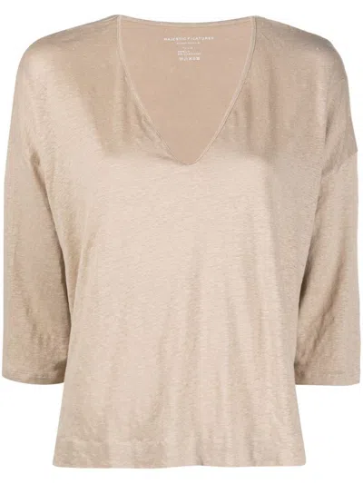 Shop Majestic Filatures V-neck Linen Blend Sweater In Beige