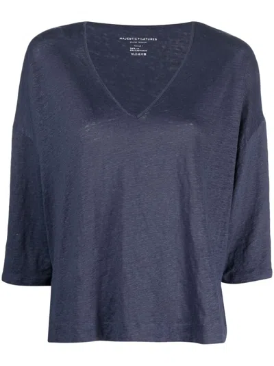 Shop Majestic Filatures V-neck Linen Blend Sweater In Blue