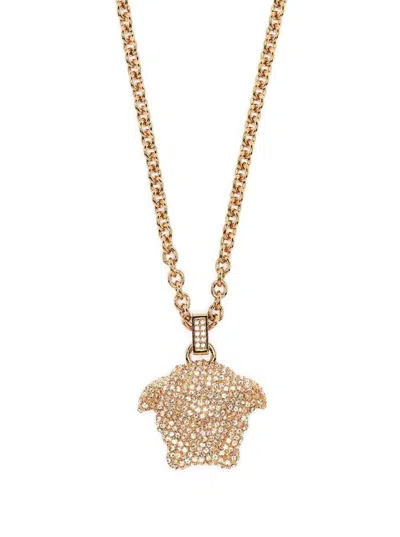 Shop Versace Necklace With Crystal Embellished Medusa Pendant In Gold-tone Brass Woman In Grey