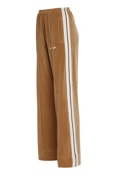 Palm Angels Velvet Trousers With Contrasting Color Stripe In Beige